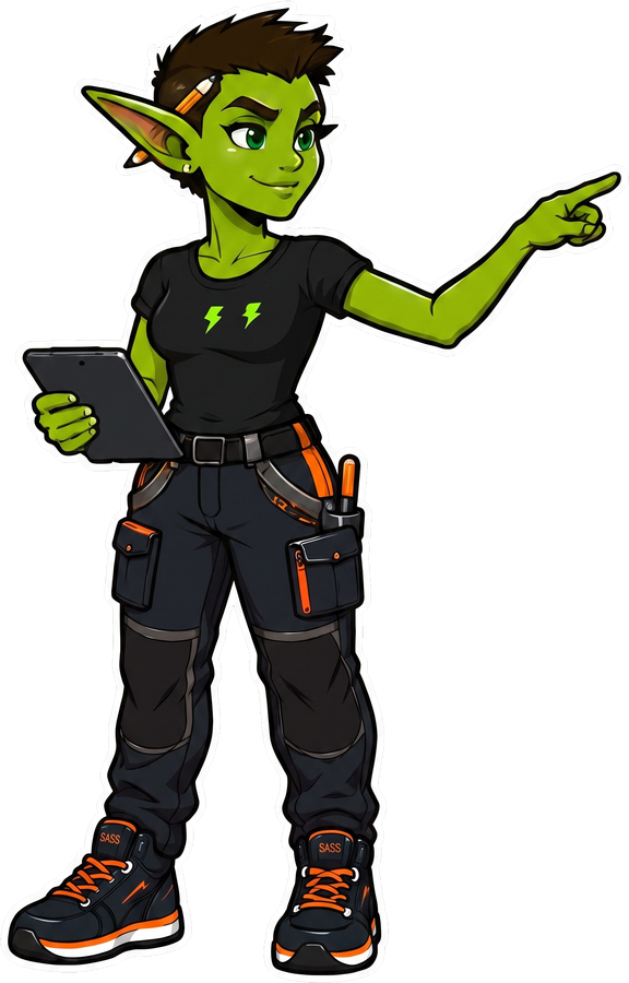 Sass the goblin pointing at the app screens